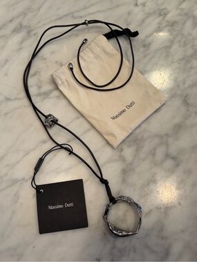 Massimo Dutti Black leather Cord Necklace with Silver Ring Pendant